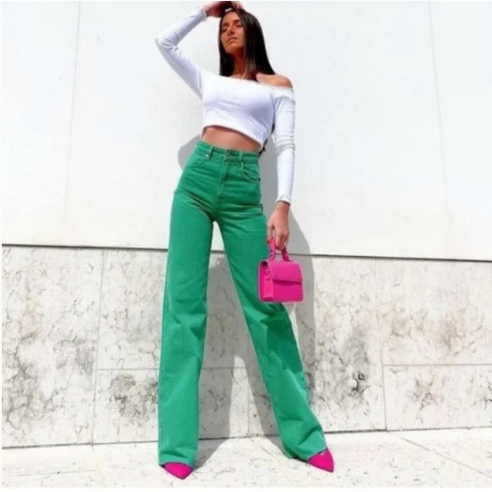 Zara Wide Leg Blogger Favorite Jeans Kelly Green Size 8 High Waist Raw Hem Denim